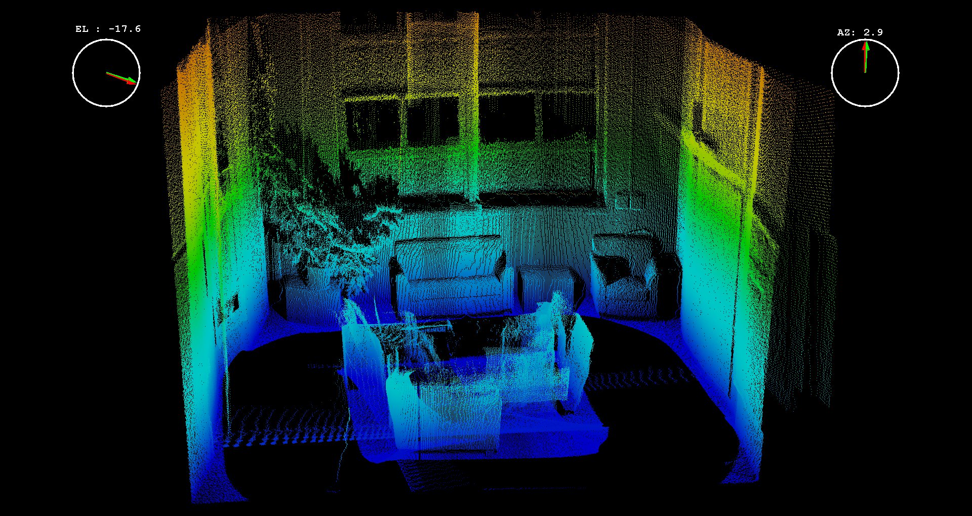 Colourised LiDAR point cloud of an interior captured with a handheld scanner